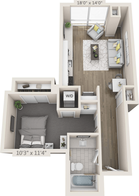 Floor plan for 1 bed, 1 bath, 582 sqft